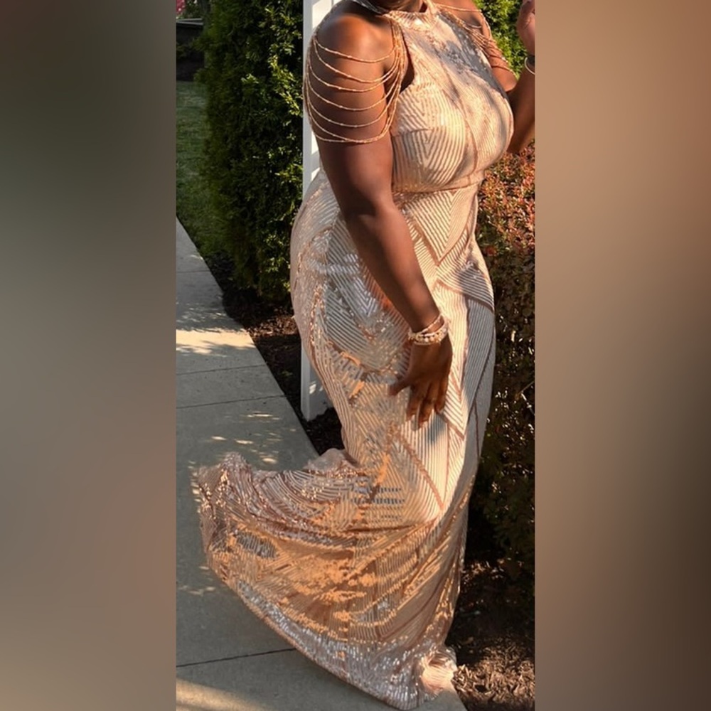 Champagne Gown with gold Sequin. Formal attire.